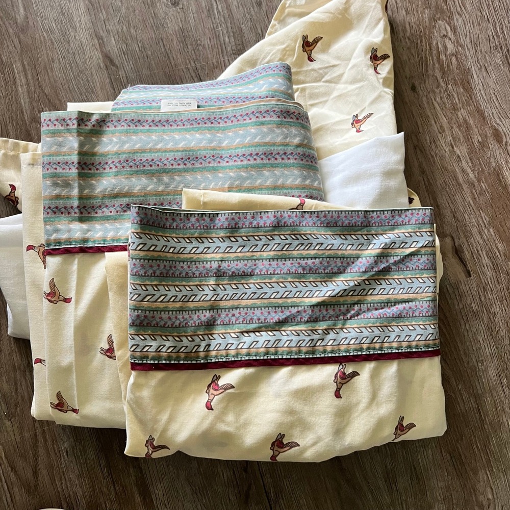 Vintage Fieldcrest Mallard Duck Twin Sheet Set Bedskirt Pillowcase Percale Cream